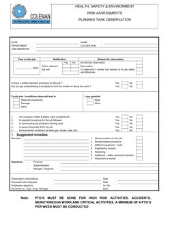 HEALTH, SAFETY & ENVIRONMENT
RISK ASSESSMENTS
PLANNED TASK OBSERVATION
DATE
:
NAME
:
DEPARTMENT
:
OCCUPATION
:
JOB OBSERVED
: