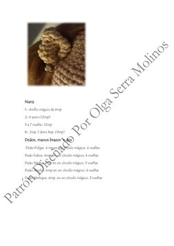 Nariz 
1- Anillo mágico de 6mp 
2- 6 aum (12mp) 
3 a 7 vuelta- 12mp 
8- 2mp, 1 dism Rep. (9mp) 
Dedos, manos brazos  x