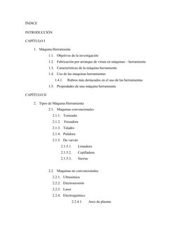ÍNDICE
INTRODUCCIÓN 
CAPÍTULO I
1. Máquina Herramienta  
1.1.
Objetivos de la investigación 
1.2.
Fabricación por arranque de