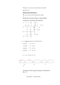 P=D30={±1;±2;±3;±5;±6;±10;±15;±30} 
Q=D1={±1}
Posibles Raíces Racionales =
P
q ={±1;±2;±3;±5;±6;±10;±15;±30}
Realizamos la di