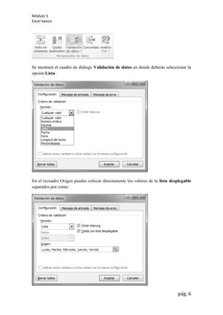 Módulo 5
Excel básico
Se mostrará el cuadro de diálogo Validación de datos en donde deberás seleccionar la
opción Lista:
En e