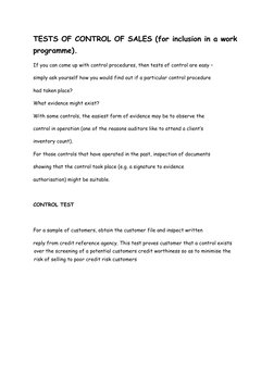 TESTS OF CONTROL OF SALES (for inclusion in a work 
programme). 
If you can come up with control procedures, then tests of co