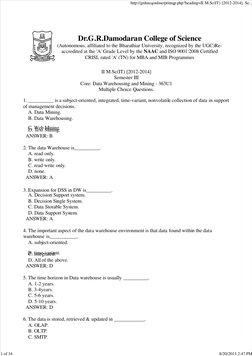 Data Mining MCQs for M.Sc IT Students | PDF | Data Warehouse | Metadata
