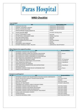 MRD Checklist
ALL PATIENT
SR. NO.
IPD
RESPONSIBILITIES
1.
ADMISSION RECORD
ADMISSION/ RECEPTIONIST
2.
GENERAL INFORMED CONSEN