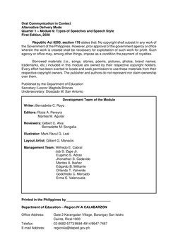 Oral Communication in Context: Quarter 1 - Module 6: Types of Speeches ...