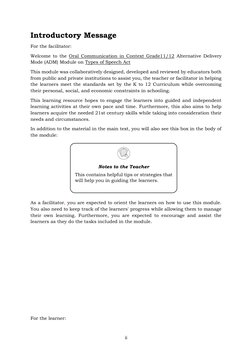 Oral Communication in Context: Quarter 1 - Module 7: Types of Speech ...