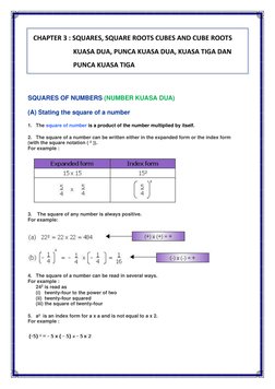 CHAPTER 3 : SQUARES, SQUARE ROOTS CUBES AND CUBE ROOTS 
                        KUASA DUA, PUNCA KUASA DUA, KUASA TIGA DAN