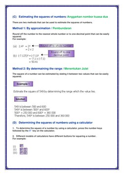 (C)   Estimating the squares of numbers /Anggarkan nombor kuasa dua 
There are two methods that can be used to estimate the s