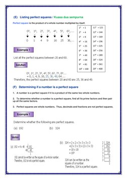 (E)   Listing perfect squares / Kuasa dua sempurna 
Perfect square is the product of a whole number multiplied by itself.