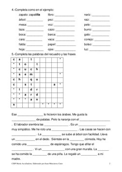 CEIP María Auxiliadora. Elaborado por Juan Mirasierra Cano 
2 
4.-Completa como en el ejemplo: 
 
zapato: zapatilla  
libro: