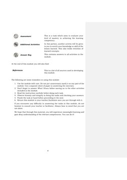 4 
 
Assessment 
 
This is a task which aims to evaluate your 
level of mastery in achieving the learning 
competency.