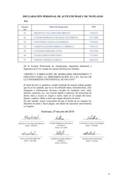 DECLARACIÓN PERSONAL DE AUTENTICIDAD Y DE NO PLAGIO
Yo:
Integra
nte
Datos de Integrantes
DNI
01
ARZAPALO YALI JERALDIN BRIGUI