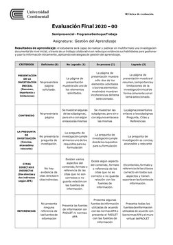 RÚBrica de evaluación 
 
Evaluación Final 2020 – 00 
Semipresencial – Programa Gente que Trabaja 
Asignatura: Gestión del A