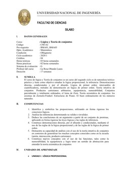 UNIVERSIDAD NACIONAL DE INGENIERÍA
                   FACULTAD DE CIENCIAS
SILABO
I.
DATOS GENERALES
Curso
: