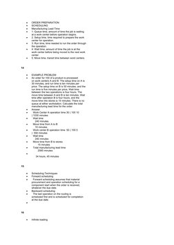 
ORDER PREPARATION

SCHEDULING

Manufacturing Lead Time

1. Queue time, amount of time the job is waiting
at a work cente