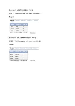 Command :  LESS THAN EQUAL TO(<=)
SELECT * FROM employee_info where emp_id<='3';
Output :
Command :  GREATER THAN EQUAL TO(>=