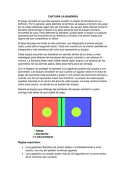 CAPTURA LA BANDERA
El juego consiste en que dos equipos ocultan un objeto (la bandera) en su 
territorio. Por lo general, par