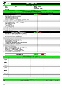 CHECK LIST PRE USO
CAMIONETA TOYOTA
FECHA:                                        HORA:
 PATENTE: AA 608 YQ
TURNO:
SECTOR:
KI