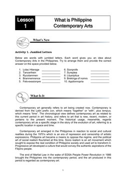 5
What’s New
Activity 1. Jumbled Letters
Below are words with jumbled letters. Each word gives you an idea about
Contemporary