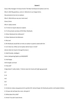 Scene 6
Grace: Miss Hanagen I'm Grace Farrell. The New York Board of orphans sent me. 
Miss h; Well My goodness, come in. Wel