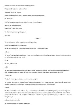 H: Wont you come in. Welcome to our happy home. 
She pretends to be nice to the orphans 
Warbucks hands her papers 
H: You kn