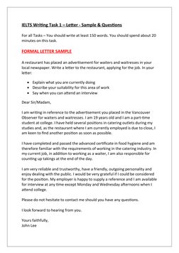 IELTS Writing Task 1 – Letter - Sample & Questions
For all Tasks – You should write at least 150 words. You should spend abou