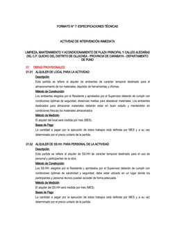 FORMATO N° 7: ESPECIFICACIONES TÉCNICAS
ACTIVIDAD DE INTERVENCIÓN INMEDIATA
LIMPIEZA, MANTENIMIENTO Y ACONDICIONAMIENTO DE PL