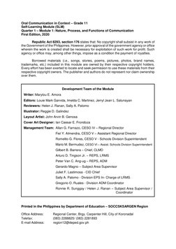 Oral Communication in Context – Grade 11 
Self-Learning Module (SLM) 
Quarter 1 – Module 1: Nature, Process, and Function