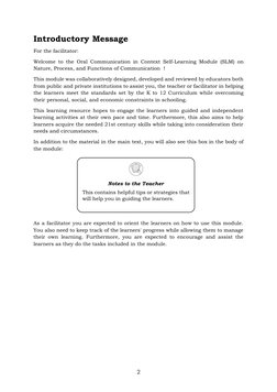 2 
Introductory Message 
For the facilitator: 
Welcome to the Oral Communication in Context Self-Learning Module (SLM) on