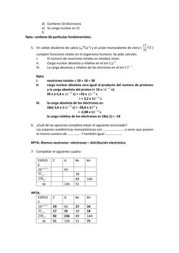 d) Contiene 18 electrones
e) Su carga nuclear es 21
f)
Rpta: contiene 66 partículas fundamentales.
5. En catión divalente de