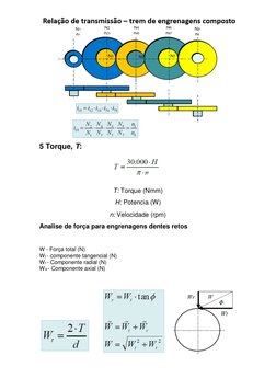 5 Torque, T:  
 
 
T: Torque (Nmm) 
 
H: Potencia (W) 
 
n: Velocidade (rpm) 
Analise de força para engrenagens dentes reto