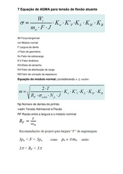 7 Equação de AGMA para tensão de flexão atuante 
 
 
Wt Força tangencial  
mn Módulo normal  
F Largura do dente  
J Fator de