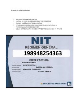 REQUISITOS PARA CREAR IN NIT

DOCUMENTO DE ENTIDAD VIGENTE 

FACTURA DE AVISO DE COBRANZA DE LUZ VIGENTE 60 DIAS

CROQUIS