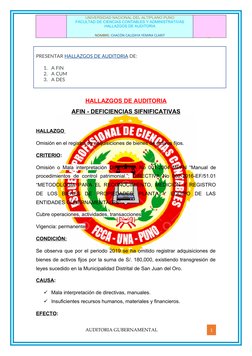 UNIVERSIDAD NACIONAL DEL ALTIPLANO PUNO
FACULTAD DE CIENCIAS CONTABLES Y ADMINISTRATIVAS
HALLAZGOS DE AUDITORIA 
NOMBRE: CHAC