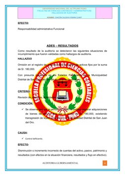 UNIVERSIDAD NACIONAL DEL ALTIPLANO PUNO
FACULTAD DE CIENCIAS CONTABLES Y ADMINISTRATIVAS
HALLAZGOS DE AUDITORIA 
NOMBRE: CHAC