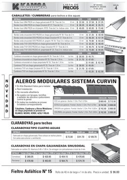 www.kamsa.com.ar
PRECIOS
LISTA DE
Nº 92A4G
VIGENCIA DESDE
11-06-2012
HOJA
4
DETALLE
CABALLETES / CUMBRERAS para techos a dos