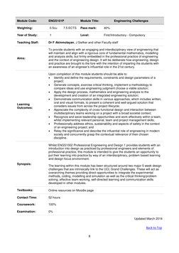 8 
 
Module Code: 
ENGS101P 
Module Title: 
Engineering Challenges 
Weighting: 
0.5cu 
7.5 ECTS 
Pass mark: 
40% 
Year of Stu