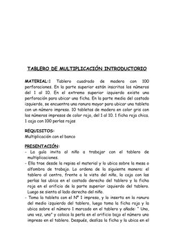 TABLERO DE MULTIPLICACIÓN INTRODUCTORIO
MATERIAL:1  Tablero  cuadrado  de  madera  con  100
perforaciones. En la parte superi