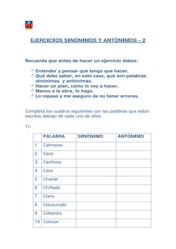 EJERCICIOS SINÓNIMOS Y ANTÓNIMOS - 2 
 
 
Recuerda que antes de hacer un ejercicio debes: 
 
 Entender y pensar qué