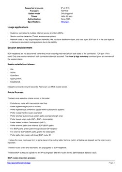 http://packetlife.net/wiki/bgp/ (http://packetlife.net/wiki/bgp/)
Page 2
Supported protocols
IPv4, IPv6
Transport
TCP/179
Upd