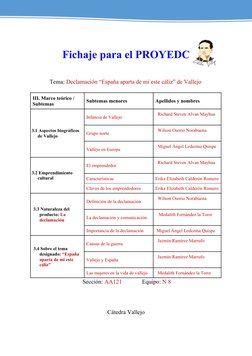 Fichaje para el PROYEDC
               Tema: Declamación “España aparta de mi este cáliz” de Vallejo
III. Marco teórico / 
Su