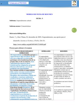 Fichaje para el PROYEDC
F
8
MODELO DE FICHA DE RESUMEN
FICHA  5
Subtema: Emprendimiento cultural
Subtema menor: Característic