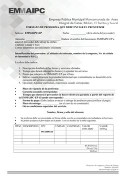 FORMATO DE PROFORMA QUE DEBE ENVIAR EL PROVEEDOR 
Señores:  EMMAIPC-EP
                            Fecha:  ____________ (de l