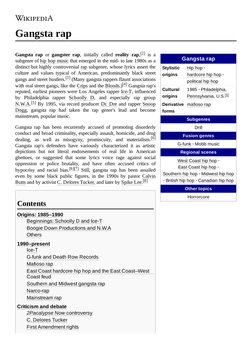Gangsta rap (https://en.wikipedia.org/wiki/Rapping)
Stylistic
origins
Hip hop (https://en.wikipedia.org/wiki/Hip_hop_music) ·