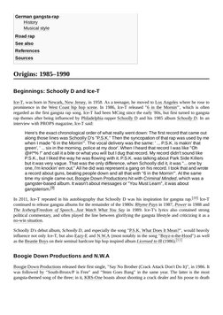 German gangsta-rap
History
Musical style
Road rap
See also
References
Sources
Ice-T (https://en.wikipedia.org/wiki/Ice-T), wa