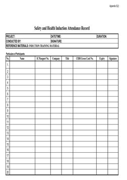 Appendix 5(2)
Safety and Health Induction Attendance Record
PROJECT:    
DATE/TIME:  
DURATION: 
CONDUCTED BY:  
SIGNATURE:
P
