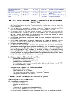 Ejercitante esporádico, 
sedentario 
3 veces 
50 - 70% 
15-30 min 
Caminar, Bicicleta, Natación 
Ejercitante moderado 
3 - 5