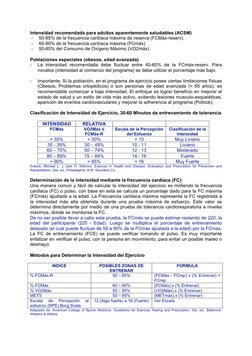 Intensidad recomendada para adultos aparentemente saludables (ACSM) 
- 
50-85% de la frecuencia cardíaca máxima de reserva (F