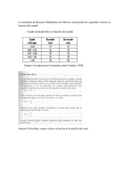 La secretaría de Recursos Hidráulicos de México, recomienda los siguientes valores en
función del caudal:
Máximo Villón Béjar