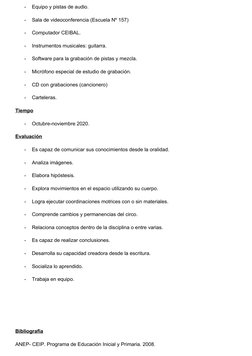 -
Equipo y pistas de audio.
-
Sala de videoconferencia (Escuela Nº 157)
-
Computador CEIBAL.
-
Instrumentos musicales: guitar